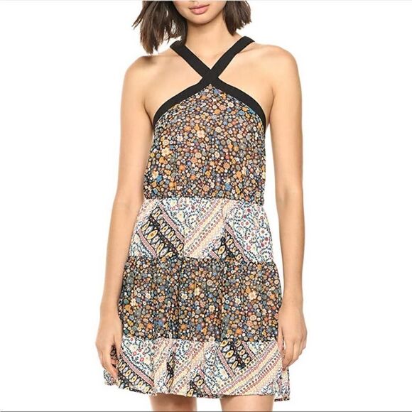 BCBGeneration Black Floral halter cross back Mini Dress size small - Picture 1 of 6